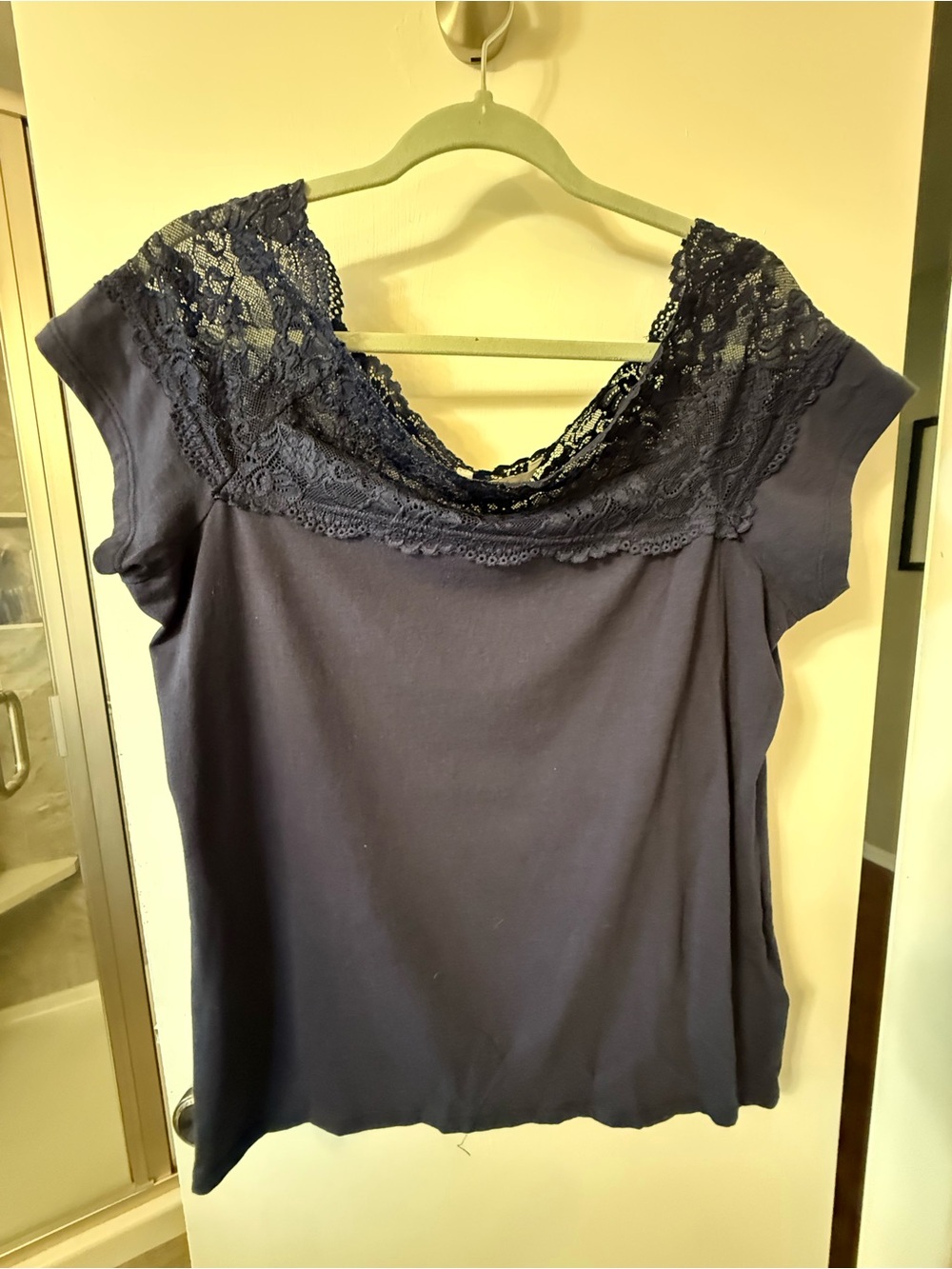 H&M Navy Blue Short Sleeve Top with Lace Yoke